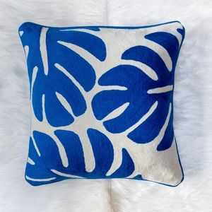 Blue monstera leaf throw pillow